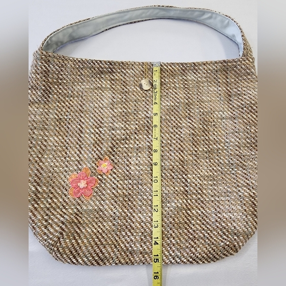 Brown Tweed Women's Bag with Floral Accent Gold Chain Link Closure Soft Cotton - Picture 4 of 8